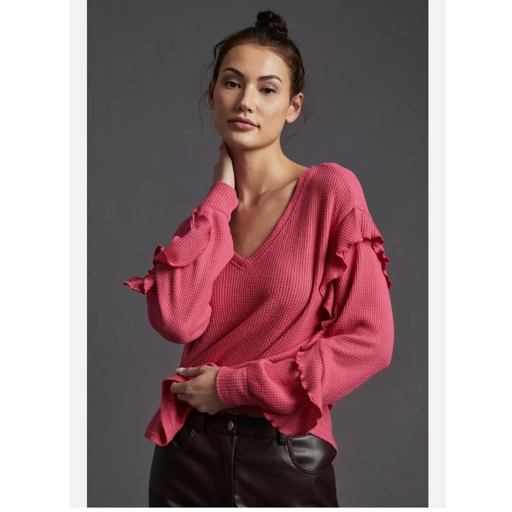 Pilcro Anthropologie Waffle Knit Ruffle Sleeve Top Women Large Pink V-Neck - Picture 1 of 7